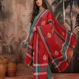 Sangria Ethnic Motifs Woven Design Embellished Pure Wool Ethnic Shawl with Fringed Border image 3