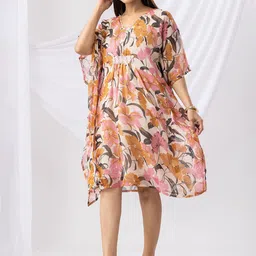 Mustard Women Floral Printed Kimono Sleeves Kaftan Dress-picture-30
