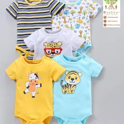 Babyoye Cotton Short Sleeves Striped Onesies Animals Print Pack of 5 - Blue Yellow Grey White Multicolor image 1
