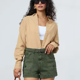The Souled Store Women Fern Green Denim Regular Fit Mid-Rise Shorts-picture-31