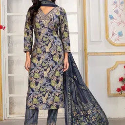 DIVASTRI Floral Printed Regular Thread Work Kurta With Trousers & Dupatta-picture-12