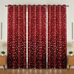 GEET CREATIONS Maroon & Off White Set of 3 Floral Room Darkening Window Curtain-picture-10