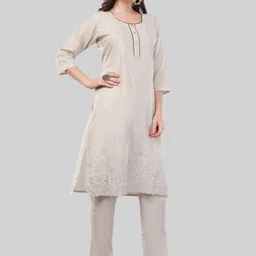 EELIKA Floral Embroidered Thread Work Pure Cotton straight Kurta With Trousers & Dupatta image 3