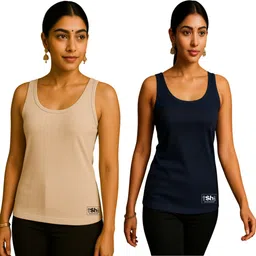 Women Beige, Dark Blue Camisole-image-2