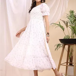 Attire Empire Women Floral Print Off-Shoulder Puff Sleeve Georgette Fit & Flare Midi Dress image 3