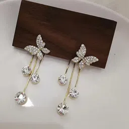 Vembley Women Cubic Zirconia Studded Butterfly Tassels Drop Earrings image 3