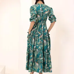 KAORI BY SHREYA AGARWAL Teal Tropical Printed Drawstring Dress with Pockets image 3