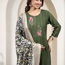 Anouk Rustic Floral Yoke Design Thread Work Straight Kurta With Trousers & Dupatta image 3
