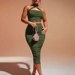 Outzidr Ruched Cross-Over Halter-Neck Crop-Top With Midi Skirt Co-Ords-picture-38