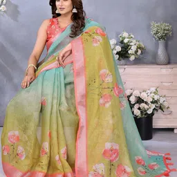 Tarlas Sarees Floral Printed Pure Linen Saree image 2