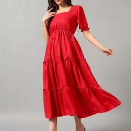 Femvy Women Square-Neck Tiered Fit and Flare Midi Dress-image-1
