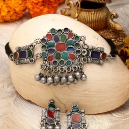 Moedbuille Silver-Plated Stone & Ghungroo Studded Oxidised Jewellery Set-picture-29