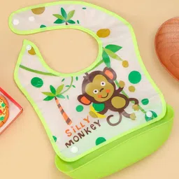 yellow bee Jungle Fun Baby Bib – Green Waterproof Bib with Monkey Print & Catcher Pocket image 1