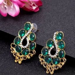 ANIKAS CREATION Green Gold-Plated Stone Studded Contemporary Drop Earrings image 1