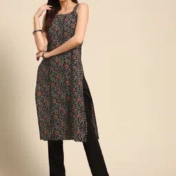 anayna Women Black & Rust Red Pure Cotton Ethnic Motifs Printed Kantha Work Kurta image 5