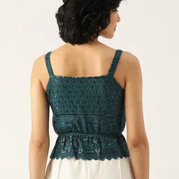 BRINNS Teal Green Embroidered Cinched Waist Crop Top image 4