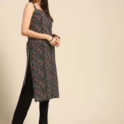 anayna Women Black & Rust Red Pure Cotton Ethnic Motifs Printed Kantha Work Kurta image 4