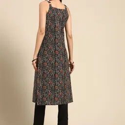 anayna Women Black & Rust Red Pure Cotton Ethnic Motifs Printed Kantha Work Kurta image 2