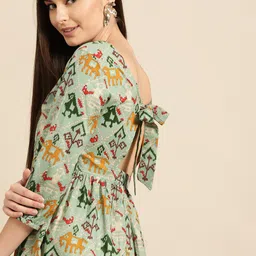 Anouk Women Green & Mustard Ethnic Motifs Printed A-Line Kurta image 1