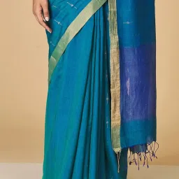 Fabindia Teal Blue Woven Saree Without Blouse image 4