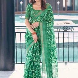 Satrani Green Floral Print Saree With Unstitched Blouse-image-3