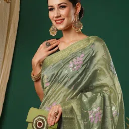 Satrani Pista Green Embroidered Saree With Unstitched Blouse image 4