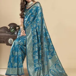Satrani Rama Blue Silk Woven Saree With Unstitched Blouse image 4
