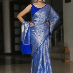 Satrani Blue Silk Blend Woven Saree With Unstitched Blouse-picture-34