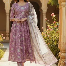 ARADHNA Women Floral Printed Empire Kurta with Trousers & With Dupatta image 2