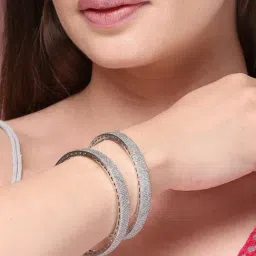 NVR Silver Plated White American Diamond Studded Bangles Set of 2 image 2