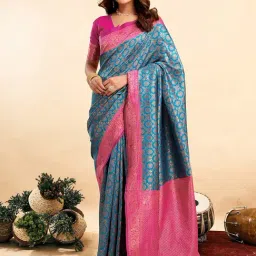 Satrani Blue Silk Blend Woven Saree With Unstitched Blouse-picture-30