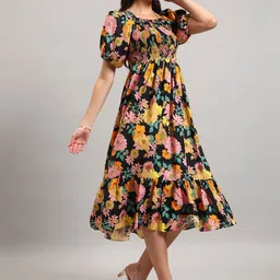 Femvy Floral Print Puff Sleeve Crepe A-Line Midi Dress-image-91