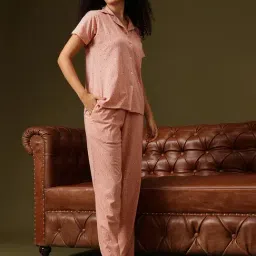 Clovia Peach Cotton Relaxed Fit Floral Print Pyjama Sets image 4