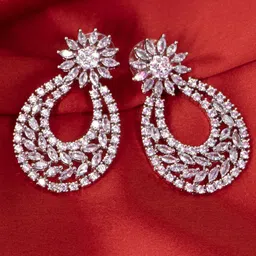SHARLEEZ Rhodium-Plated American Diamond Studded Teardrop Shaped Drop Earrings-picture-11