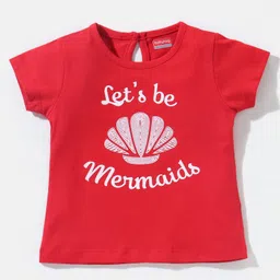Babyhug 100% Cotton Knit Half Sleeves Top Mermaids Graphics Print - Red-picture-11