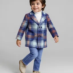 Babyhug Woven Solid T-Shirt & Jeans Set With Full Sleeves Checks Blazer - White-picture-15