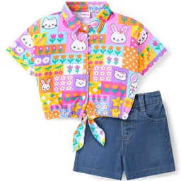 Babyhug Rayon Knit Half Sleeves Shirt Styled Knotted Top & Denim Shorts Set With Floral & Animal Print - Pink & Blue-image-67
