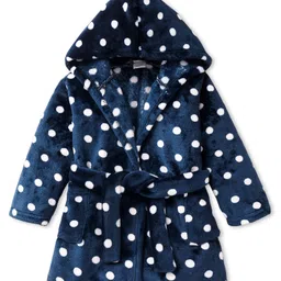 Babyhug Velour Knit Full Sleeves Hooded Bath Robe With Elastic At Waist & Polka Dot Print - Navy Blue-picture-36