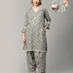 The Mom Store Three Fourth Bell Sleeves Floral Printed Lace Embellished Maternity Kurta With Coordinating Pant & Concealed Zipper Nursing Access - Multi Colour-picture-32