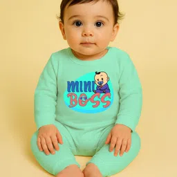 The Peppy Tend 100% Cotton Knit Full Sleeves Mini Boss Text Printed Romper - Sea Green-picture-10