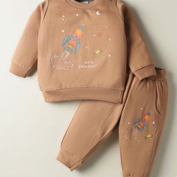 Zero Fleece Knit Full Sleeves Winter Wear Sweatshirt & Lounge Pant Set with Space Theme Print - Tan-picture-6