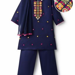 EARTHY TOUCH Cotton Woven Three Fourth Sleeves Kurti Chudidar Set with Dupatta & Floral Embroidery - Navy Blue-picture-21