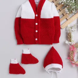 Little Angels Wool Knit Full Sleeves Colour Blocked Cardigan Cap & Socks Set - Red-picture-10
