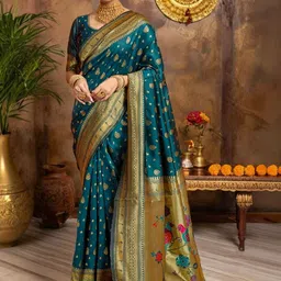 Mitera Woven Design Zari Silk Blend Handloom Paithani Saree-picture-15