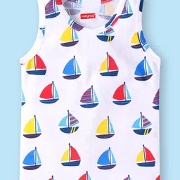Babyhug 100% Cotton Knit Sleeveless Sando Vests With Boat Print Pack of 3 - Red Blue & White image 2