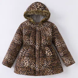 Kookie Kids Full Sleeves Cheetah Printed Padded Hooded Jacket with Fur Detailing - Brown image 3