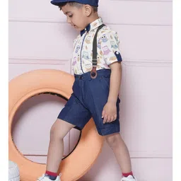 AJ Dezines Half Sleeves Owls Printed Shirt Shorts With Cap & Suspender Set - Blue image 5