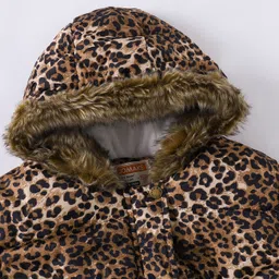 Kookie Kids Full Sleeves Cheetah Printed Padded Hooded Jacket with Fur Detailing - Brown image 4