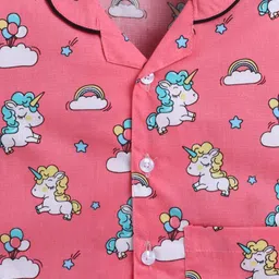The Magic Wand Cotton Woven Half Sleeves Unicorn Printed Coordinating Night Suit Set - Pink image 5