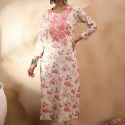 Indo Era Off-White Cotton Floral Print Straight Kurta-picture-12